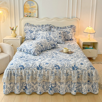 宜凡家纺 2024新款牛奶绒印花夹棉花边床裙三件套 浮世花梦