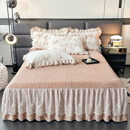 宜凡家纺 2024新款高克重牛奶绒兔绒床裙三件套 云雾深深 咖