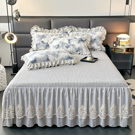 宜凡家纺 2024新款高克重牛奶绒兔绒床裙三件套 云雾深深 灰