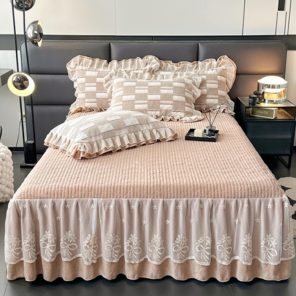 宜凡家纺 2024新款高克重牛奶绒兔绒床裙三件套 都市剪影 咖