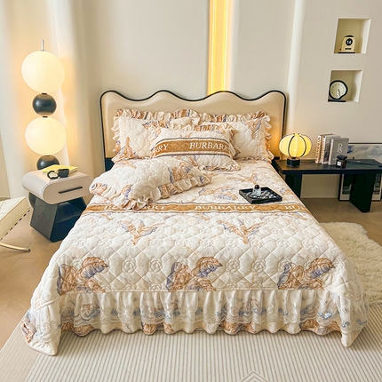 宜凡家纺 2024新款牛奶绒印花夹棉花边床盖三件套 叶叶风情