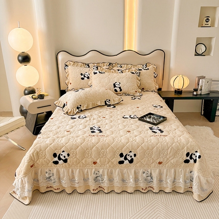 91家纺网 家纺一手货源 找家纺 （总）宜凡家纺 2024新款牛奶绒印花夹棉花边床盖三件套