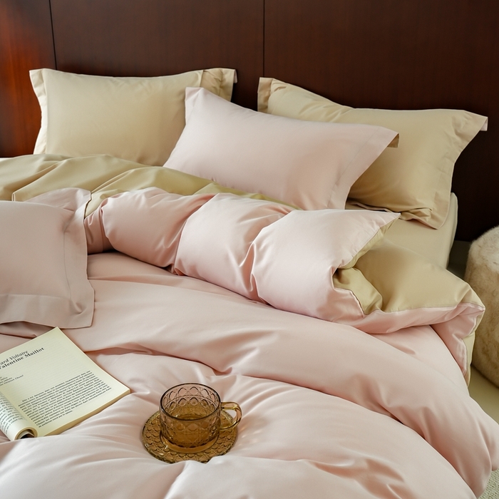 91家纺网 家纺一手货源 找家纺 秀色家纺 50支秋冬加厚保暖床上四件套纯棉全棉轻奢高端床品纯色磨毛三件套 瑞妮-桃红+奶油