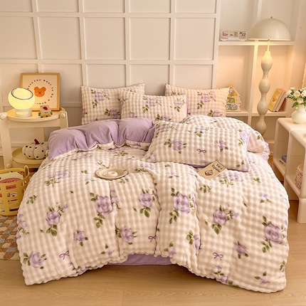 锦禾穗 2024新款牛奶绒印花泡泡四件套 泡泡牛奶绒-紫霞仙子