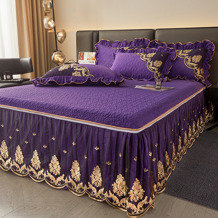 91家纺网 家纺一手货源 找家纺 罗艺轩 2024新款高克重水晶绒夹棉床裙三件套-欧典风尚 欧典风尚-魅力紫