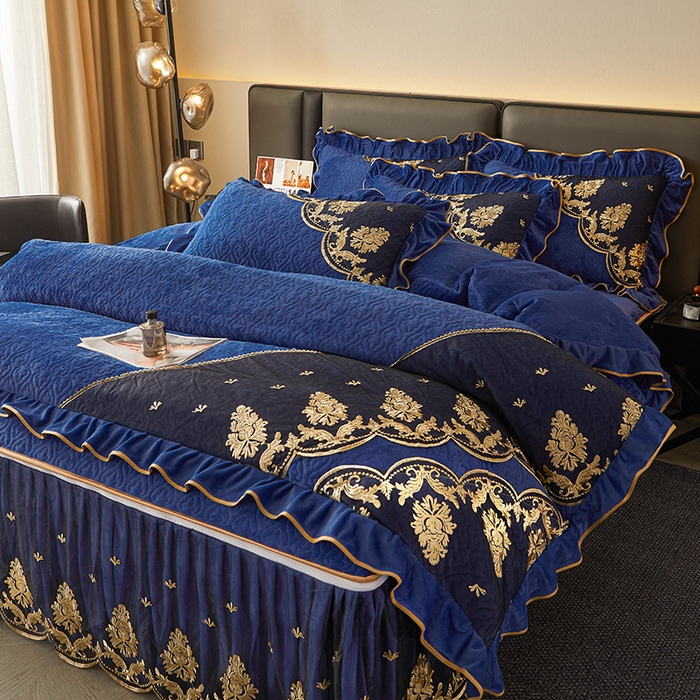 91家纺网 家纺一手货源 找家纺 罗艺轩 2024新款高克重水晶绒夹棉床裙四件套-欧典风尚 欧典风尚-宝石蓝