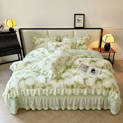 宜凡家纺 2024新款高克重牛奶绒兔绒床盖四件套 云雾深深 绿