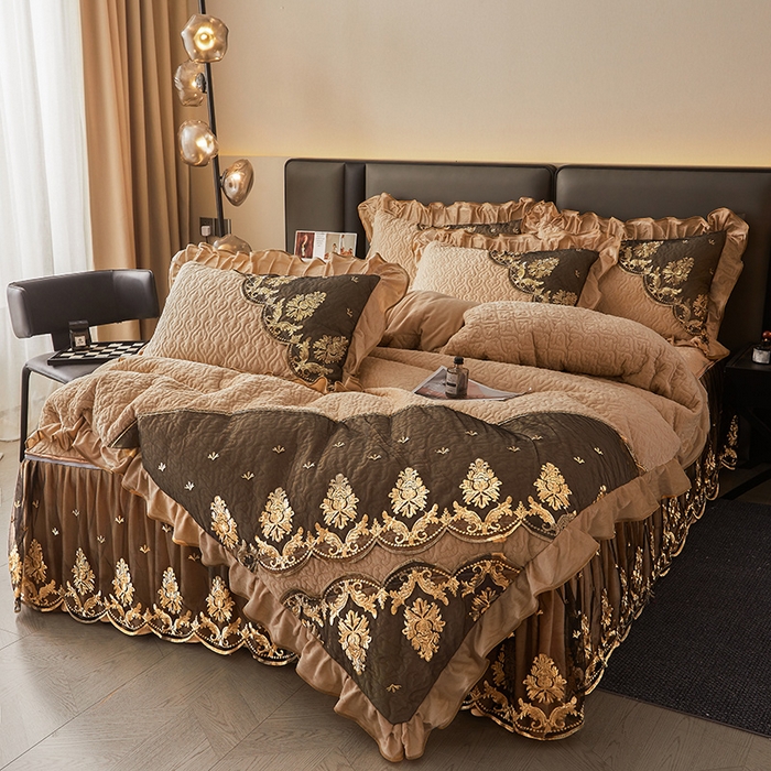 91家纺网 家纺一手货源 找家纺 罗艺轩 2024新款高克重水晶绒夹棉床裙四件套-欧典风尚 欧典风尚-香槟色