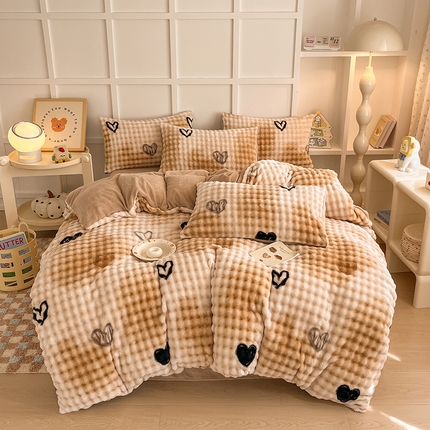 锦禾穗 2024新款牛奶绒印花泡泡四件套 泡泡牛奶绒-爱心咖