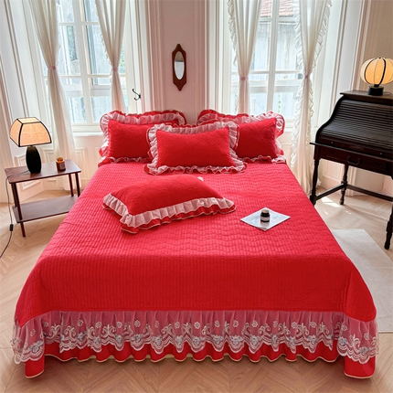 宜凡家纺 2024新款牛奶绒雕花绒床盖三件套 山茶花