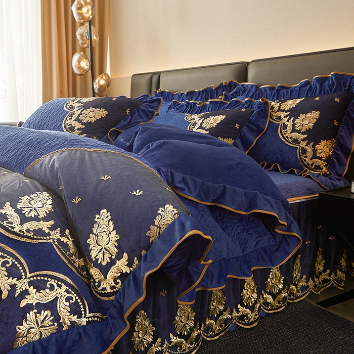 91家纺网 家纺一手货源 找家纺 罗艺轩 2024新款高克重水晶绒夹棉床裙四件套-欧典风尚 欧典风尚-宝石蓝