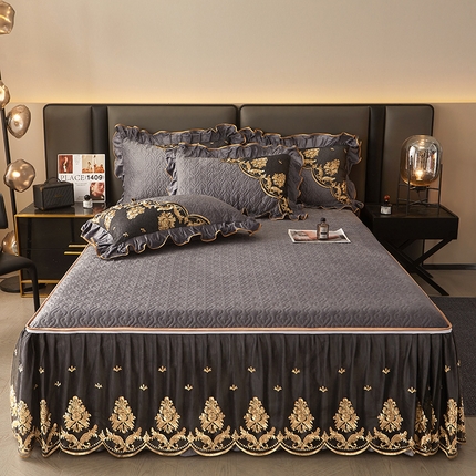 罗艺轩 2024新款高克重水晶绒夹棉床裙三件套-欧典风尚 欧典风尚-高级灰