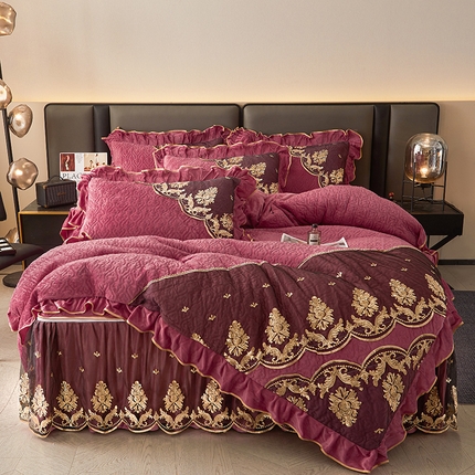 罗艺轩 2024新款高克重水晶绒夹棉床裙四件套-欧典风尚 欧典风尚-深豆沙