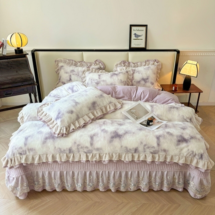 宜凡家纺 2024新款高克重牛奶绒兔绒床盖四件套 云雾深深 紫