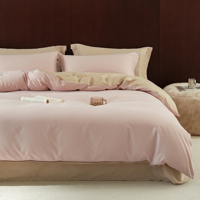 91家纺网 家纺一手货源 找家纺 秀色家纺 50支秋冬加厚保暖床上四件套纯棉全棉轻奢高端床品纯色磨毛三件套 瑞妮-桃红+奶油