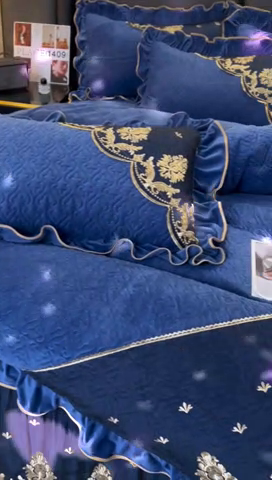 91家纺网 家纺一手货源 找家纺 罗艺轩 2024新款高克重水晶绒夹棉床裙四件套-欧典风尚 欧典风尚-宝石蓝