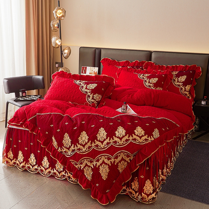 91家纺网 家纺一手货源 找家纺 罗艺轩 2024新款高克重水晶绒夹棉床裙四件套-欧典风尚 欧典风尚-喜庆红