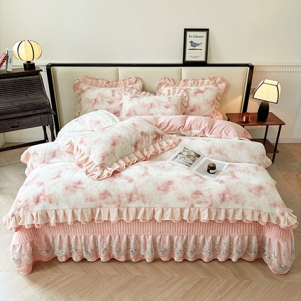 宜凡家纺 2024新款高克重牛奶绒兔绒床盖四件套 云雾深深 粉
