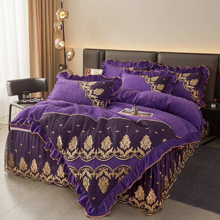 91家纺网 家纺一手货源 找家纺 罗艺轩 2024新款高克重水晶绒夹棉床裙四件套-欧典风尚 欧典风尚-魅力紫