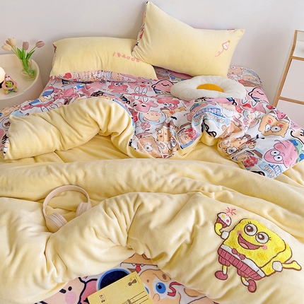 91家纺网 家纺一手货源 找家纺 （总）乐童家纺 2024新款高克重牛奶绒小清新印＋绣系列四件套