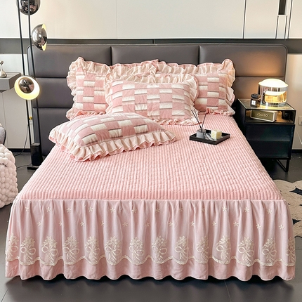 宜凡家纺 2024新款高克重牛奶绒兔绒床裙三件套 都市剪影 粉