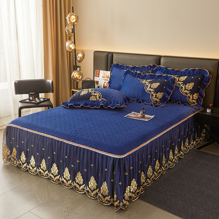 91家纺网 家纺一手货源 找家纺 罗艺轩 2024新款高克重水晶绒夹棉床裙三件套-欧典风尚 欧典风尚-宝石蓝