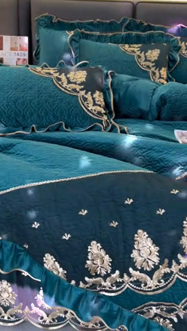 91家纺网 家纺一手货源 找家纺 罗艺轩 2024新款高克重水晶绒夹棉床裙四件套-欧典风尚 欧典风尚-黛绿色