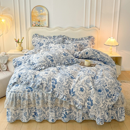 宜凡家纺 2024新款牛奶绒印花夹棉花边床裙四件套 浮世花梦