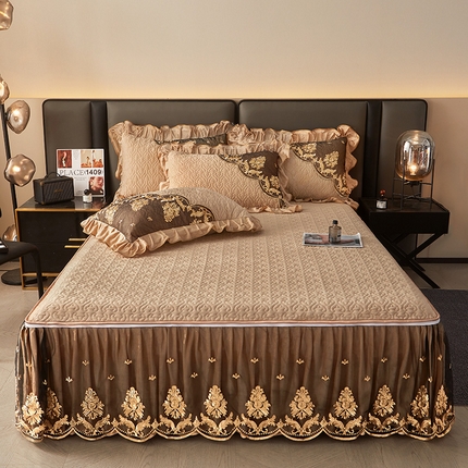 罗艺轩 2024新款高克重水晶绒夹棉床裙三件套-欧典风尚 欧典风尚-香槟色