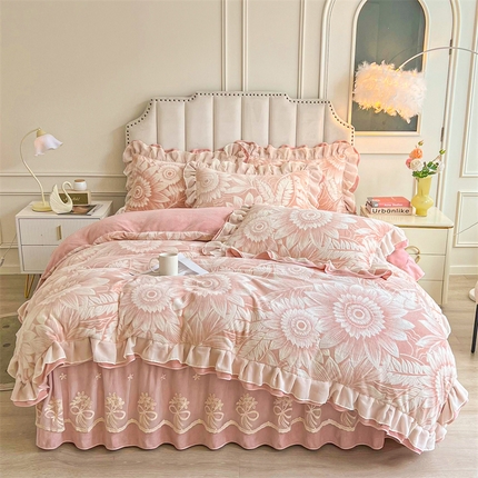 宜凡家纺 2024新款牛奶绒雕花绒床裙四件套 海棠花开