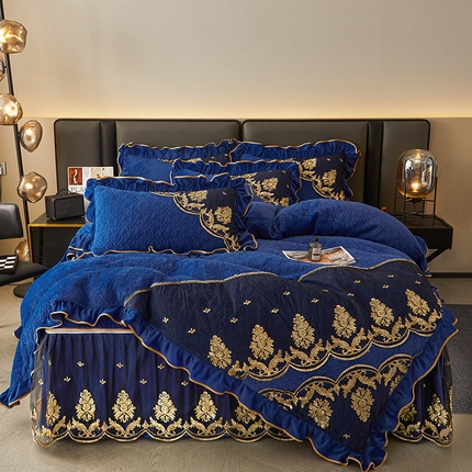 罗艺轩 2024新款高克重水晶绒夹棉床裙四件套-欧典风尚 欧典风尚-宝石蓝