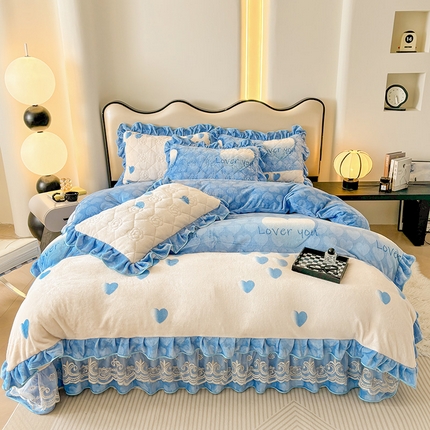 91家纺网 家纺一手货源 找家纺 （总）宜凡家纺 2024新款牛奶绒印花夹棉花边床盖四件套