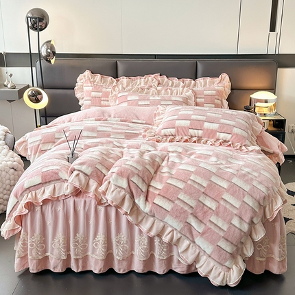 91家纺网 家纺一手货源 找家纺 （总）宜凡家纺 2024新款高克重牛奶绒兔绒床裙四件套