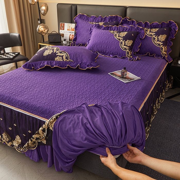 91家纺网 家纺一手货源 找家纺 罗艺轩 2024新款高克重水晶绒夹棉床裙三件套-欧典风尚 欧典风尚-魅力紫