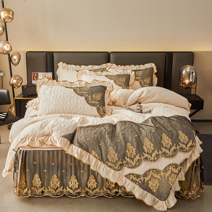 罗艺轩 2024新款高克重水晶绒夹棉床裙四件套-欧典风尚 欧典风尚-珍珠白