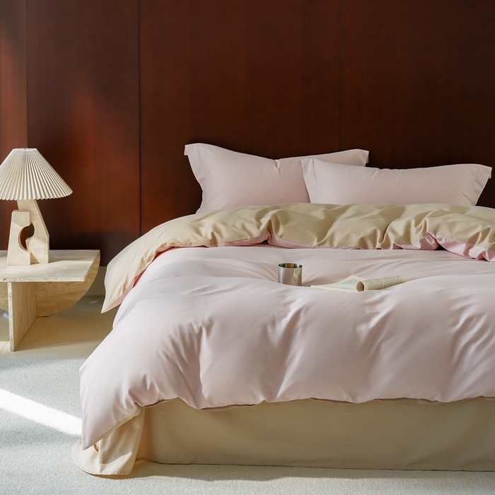 91家纺网 家纺一手货源 找家纺 秀色家纺 50支秋冬加厚保暖床上四件套纯棉全棉轻奢高端床品纯色磨毛三件套 瑞妮-桃红+奶油