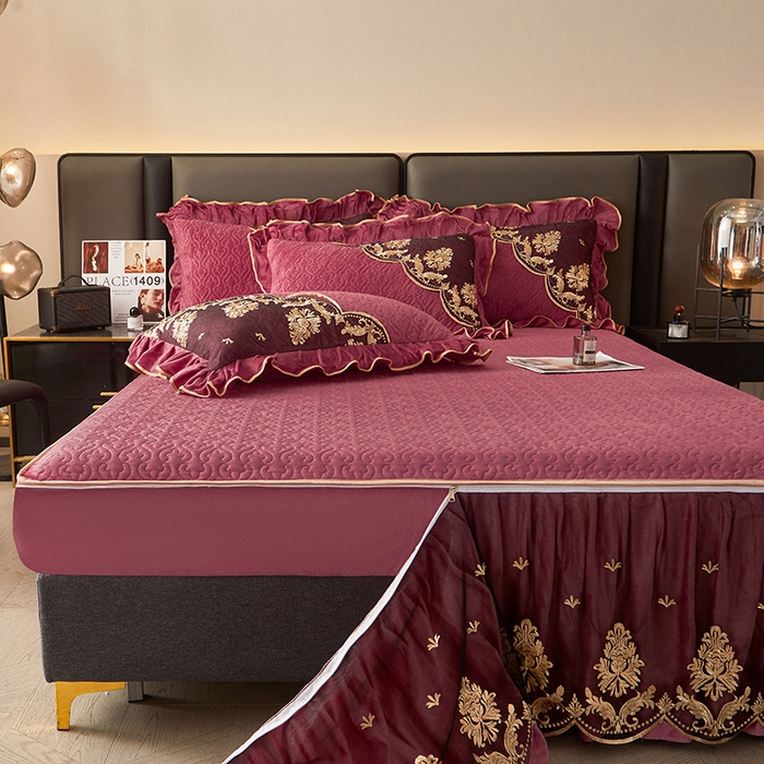 91家纺网 家纺一手货源 找家纺 罗艺轩 2024新款高克重水晶绒夹棉床裙四件套-欧典风尚 欧典风尚-深豆沙