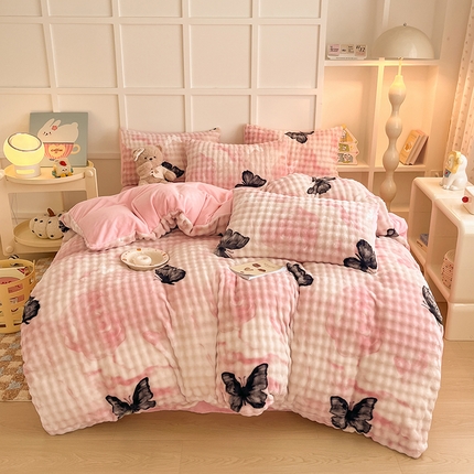 锦禾穗 2024新款牛奶绒印花泡泡四件套 泡泡牛奶绒-蝶恋花粉
