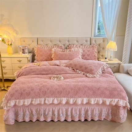 宜凡家纺 2024新款A类牛奶绒剪花绒床盖四件套 点点心动-豆沙红