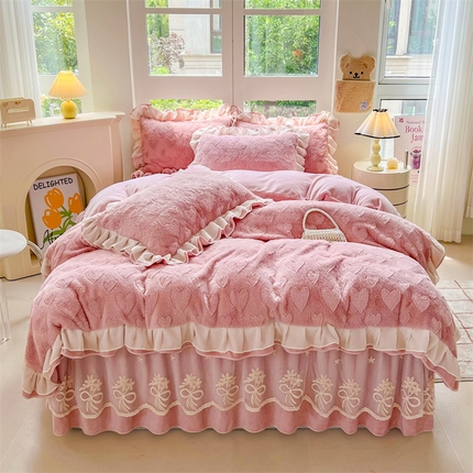 宜凡家纺 2024新款A类牛奶绒剪花绒床裙四件套 点点心动-豆沙红