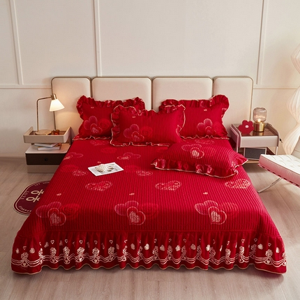 宜凡家纺 2024新款A类全棉大红印花床盖三件套 心悦你