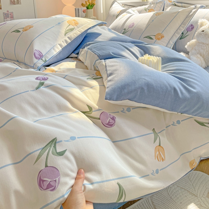 91家纺网 家纺一手货源 找家纺 暖芯优选 2025新款直播爆款加厚全棉磨毛四件套喷气印花纯棉（一字绣工艺款）学生三件套10月上新 郁金香