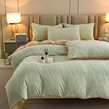 菡宝 2024新款贝壳边无印风230g雕花绒单被套 华威-浅鹅绿