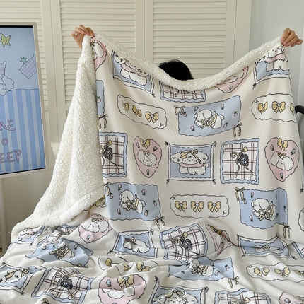 吉象家纺 2024新款高克重牛奶绒羊羔绒印花毛毯 卡哇伊狗狗