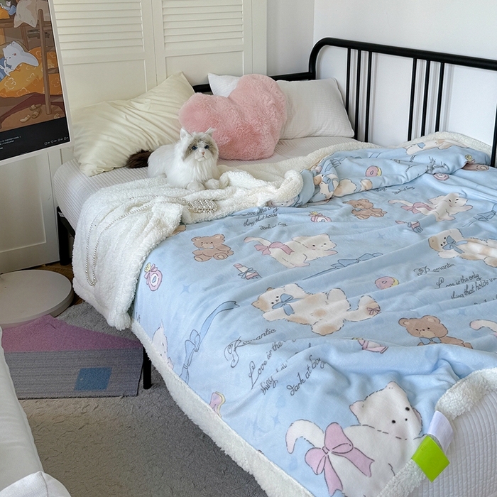 91家纺网 家纺一手货源 找家纺 吉象家纺 2024新款高克重牛奶绒羊羔绒印花毛毯 元气猫咪