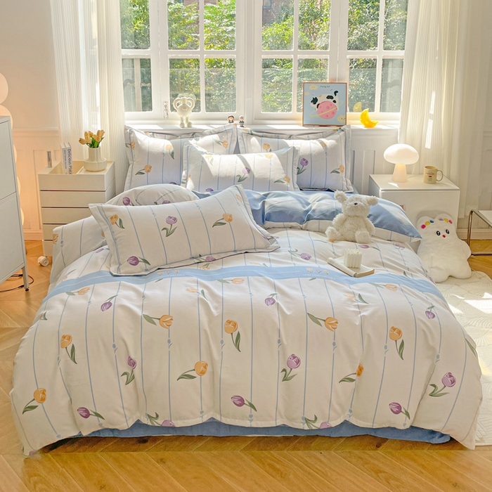 91家纺网 家纺一手货源 找家纺 暖芯优选 2025新款直播爆款加厚全棉磨毛四件套喷气印花纯棉（一字绣工艺款）学生三件套10月上新 郁金香