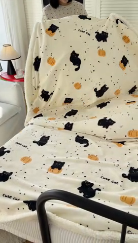 91家纺网 家纺一手货源 找家纺 吉象家纺 2024新款高克重牛奶绒羊羔绒印花毛毯 南瓜猫