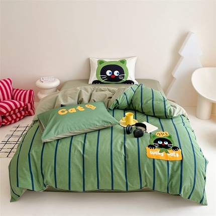 珺柔家纺 2024新款数码印花全棉磨毛毛巾绣四件套 怪怪猫