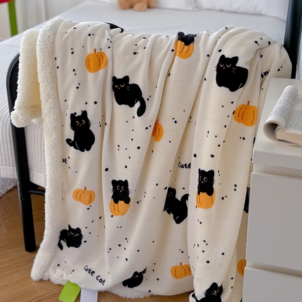 91家纺网 家纺一手货源 找家纺 吉象家纺 2024新款高克重牛奶绒羊羔绒印花毛毯 南瓜猫