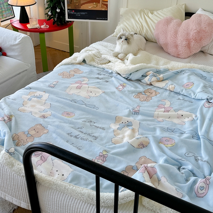 91家纺网 家纺一手货源 找家纺 吉象家纺 2024新款高克重牛奶绒羊羔绒印花毛毯 元气猫咪